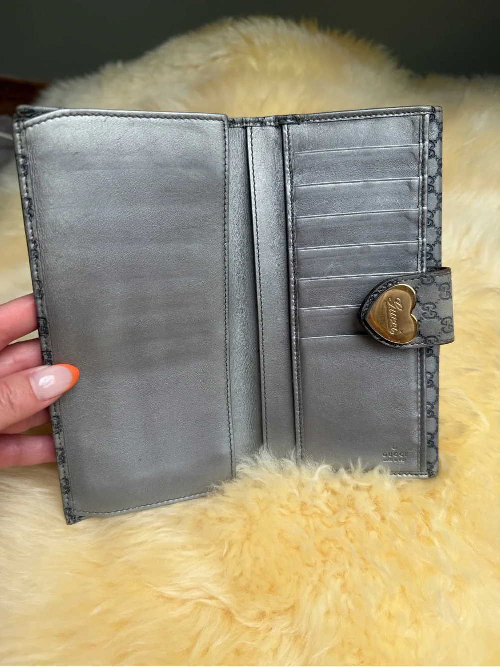 Gucci Grey Monogram Stamped Leather Fold Wallet w/ Gold Heart Emblem Zip Coin ❤️